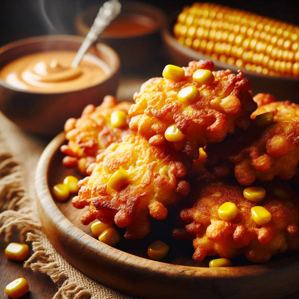 Golden sweetcorn fritters stacked on a plate with fresh herbs