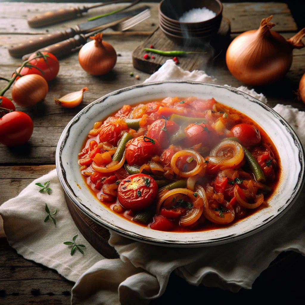Rich tomato and onion bredie stew garnished with fresh herbs
