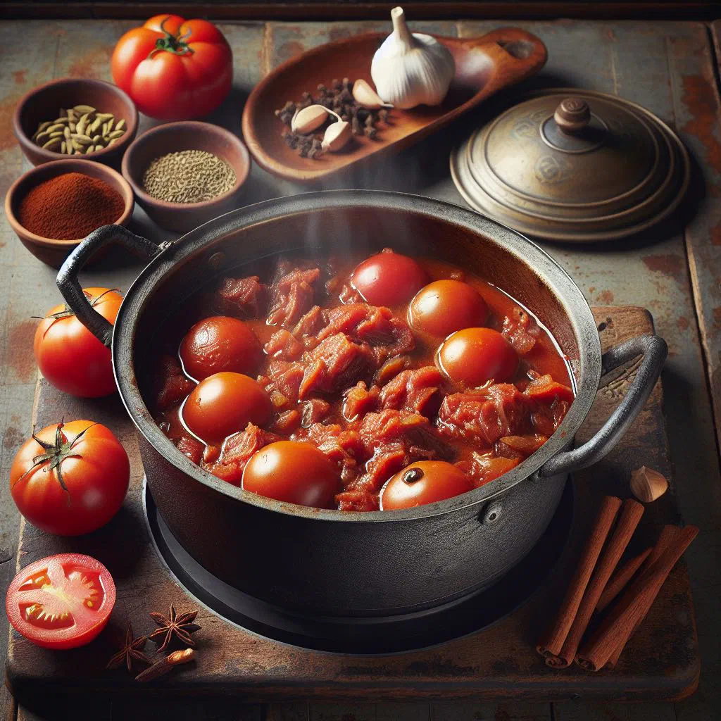 A hearty tomato bredie stew with tender lamb and vegetables in a bowl