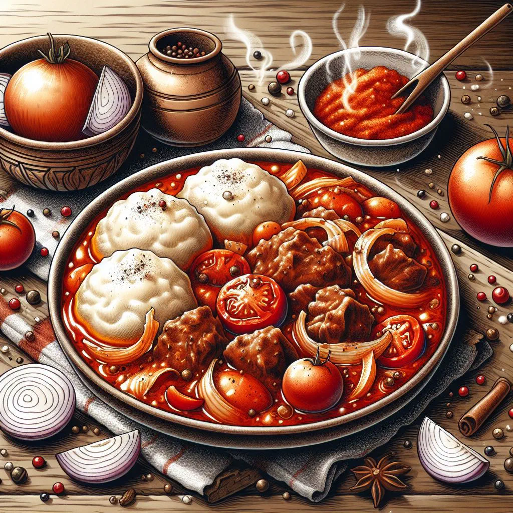 Tomato bredie beef stew served with fluffy steamed dumplings