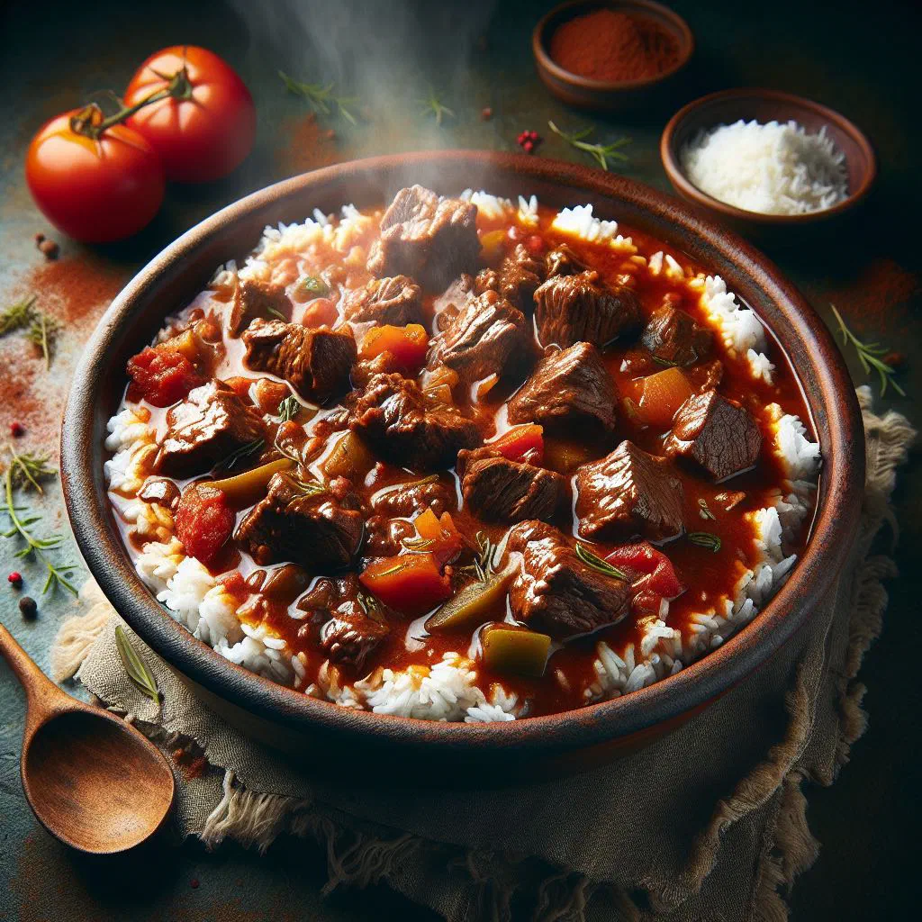A rich beef bredie stew with tomatoes, carrots and potatoes in a bowl