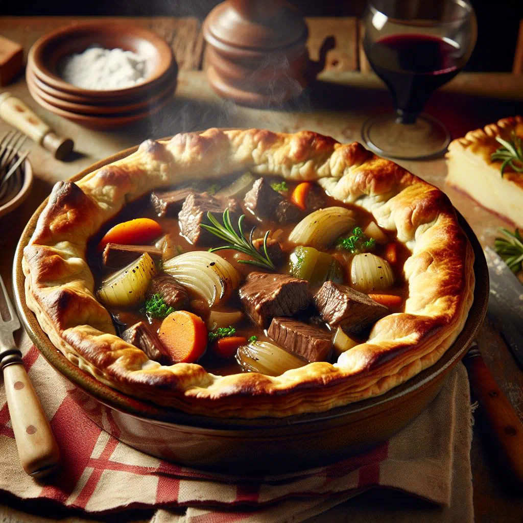 Golden-baked venison pie with a flaky puff pastry crust