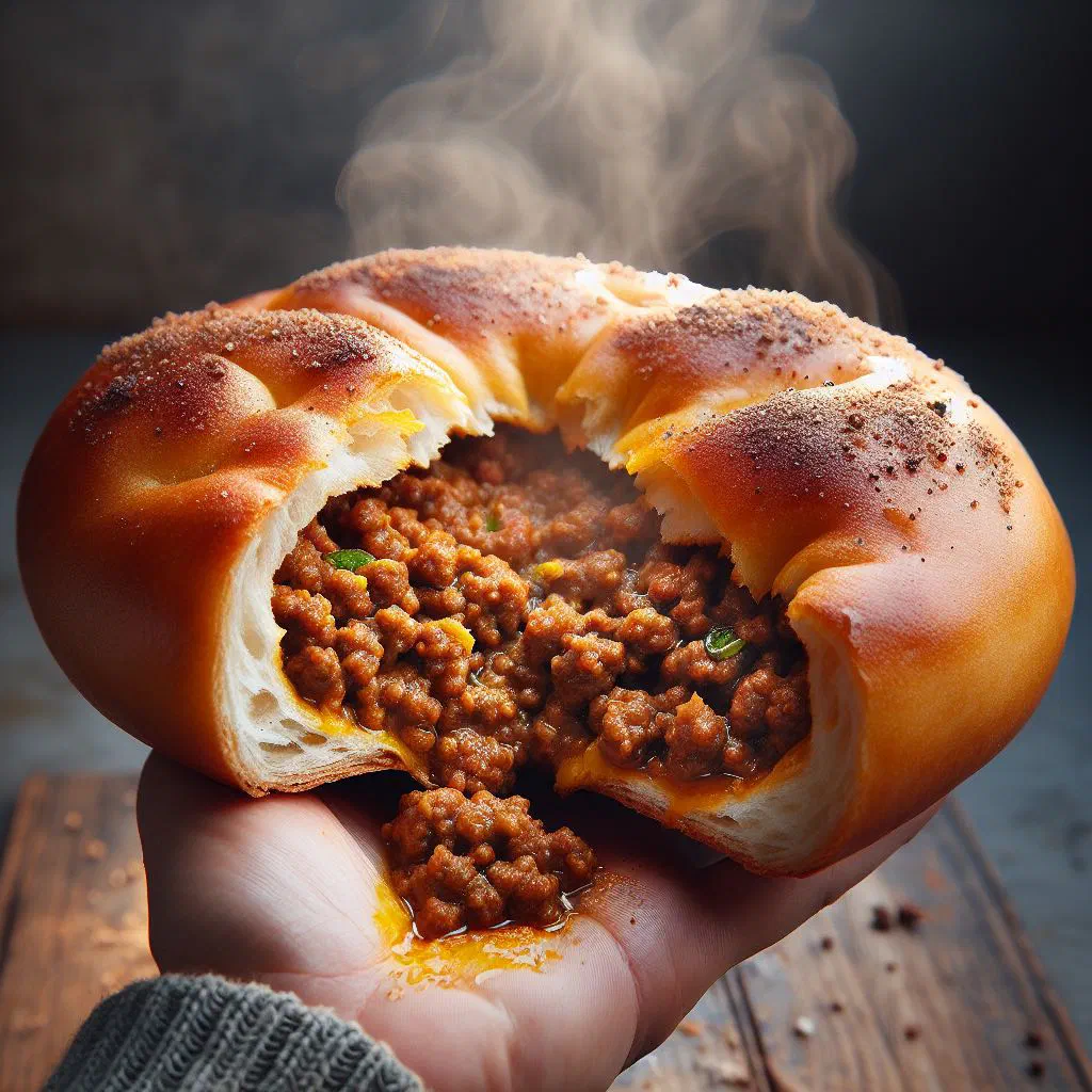 Golden fried vetkoek split open and filled with spicy mince