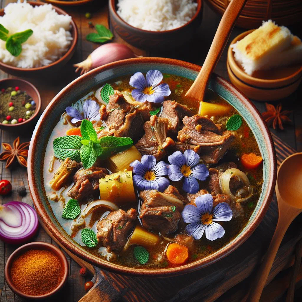 Waterblommetjie stew with tender lamb, carrots and water-flower buds in a rich broth