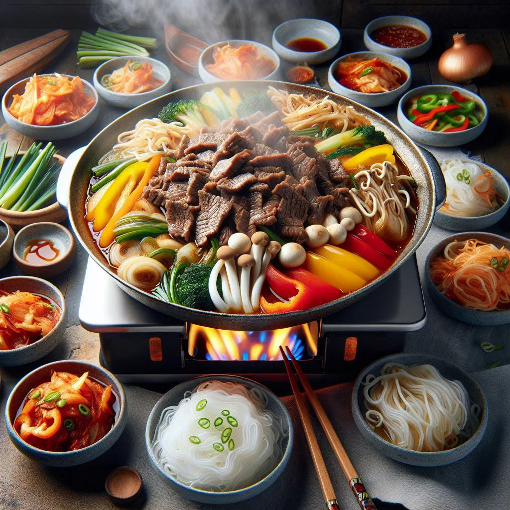 Bubbling Korean hot pot of marinated beef and vegetables in a savoury broth
