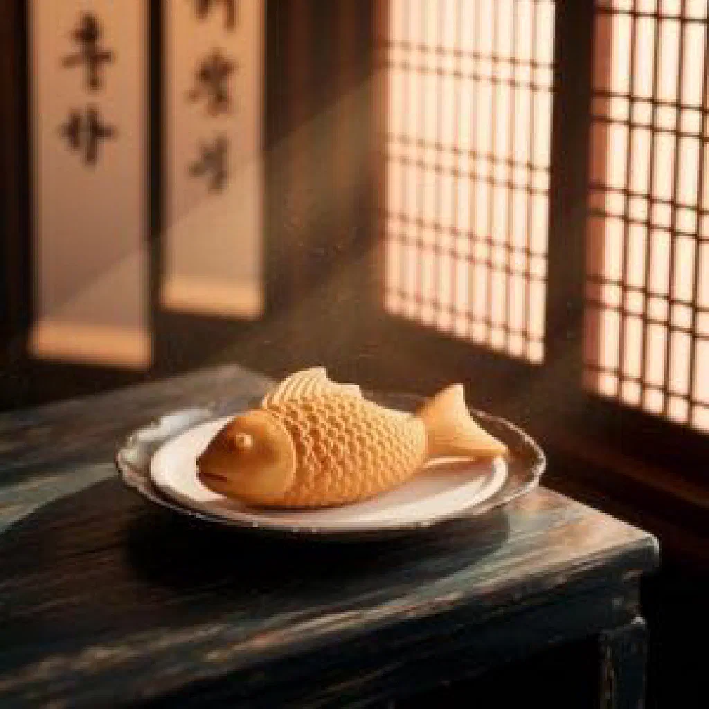 Golden fish-shaped Bungeoppang pastries filled with sweet red bean paste