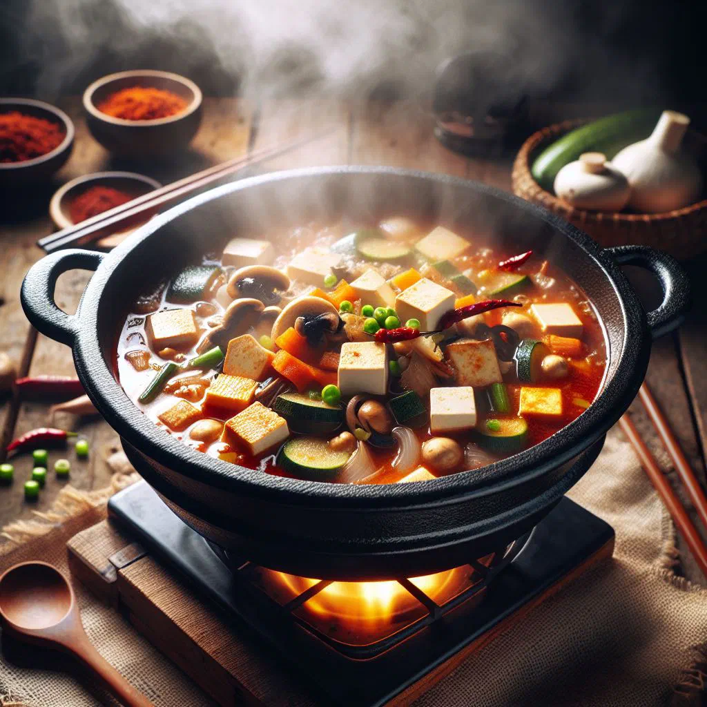 Bubbling Cheonggukjang Jjigae with tofu and vegetables in a Korean earthenware pot