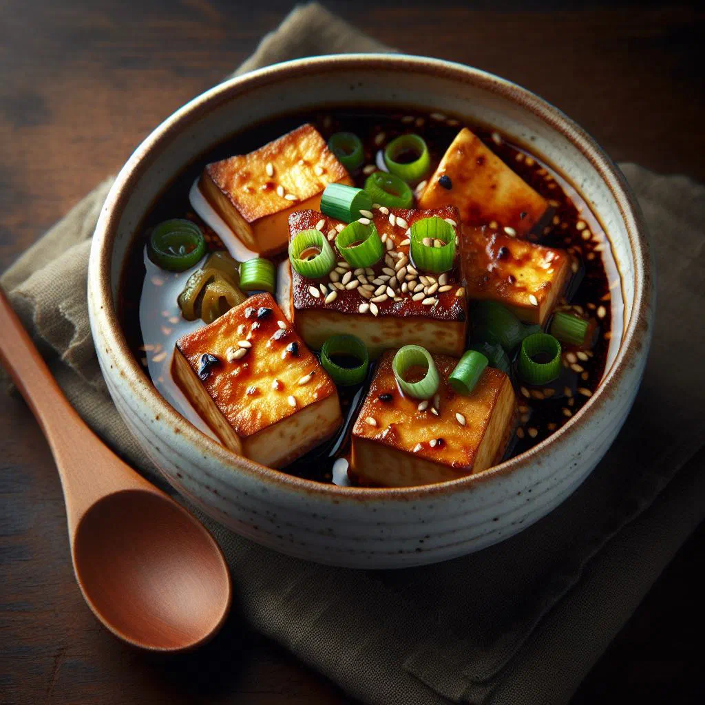 Braised tofu pieces glazed in soy sauce, topped with spring onions and sesame seeds