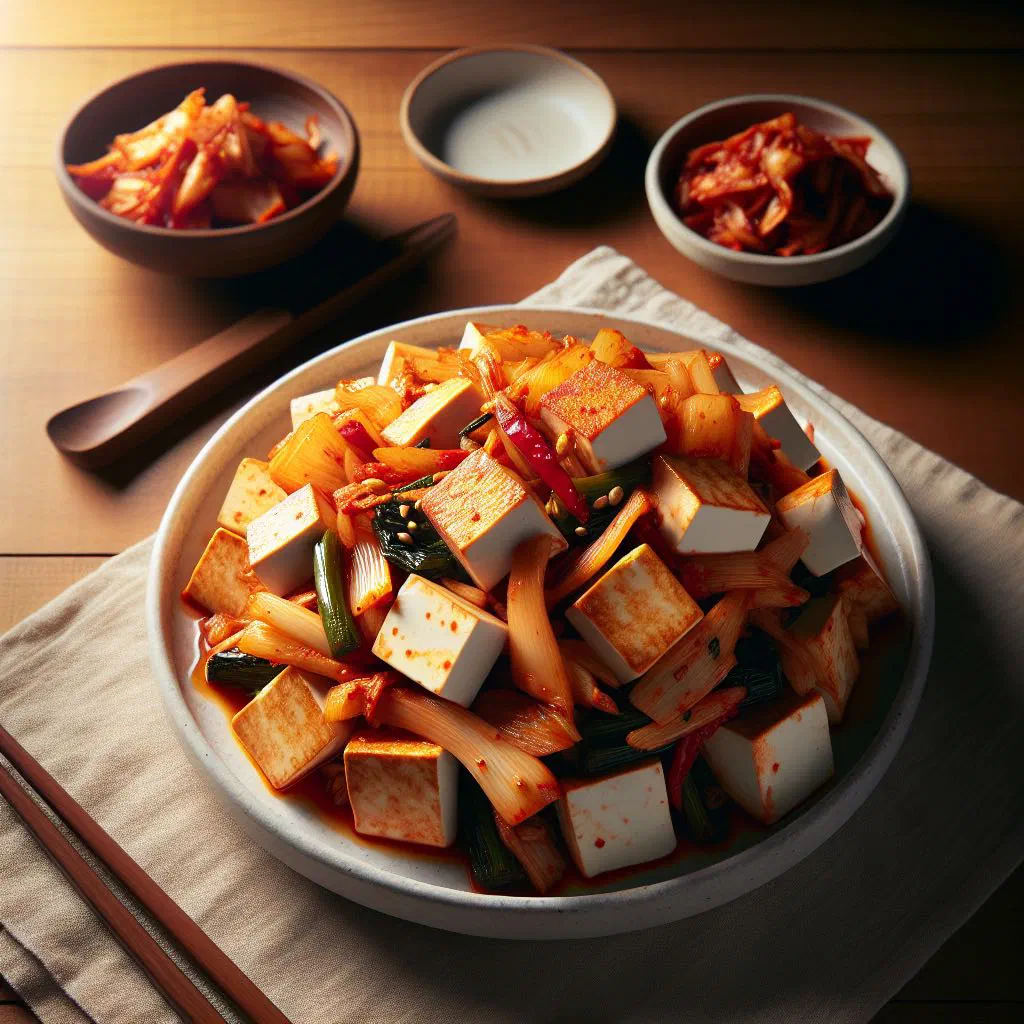 Pan-fried tofu slices served with stir-fried kimchi and sesame seeds