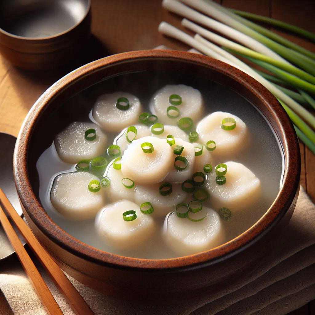 A steaming bowl of Korean eomuk guk fish cake soup garnished with spring onions
