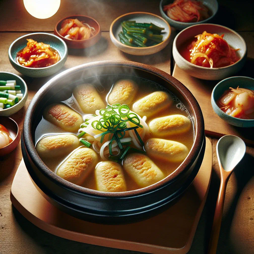 Bowl of Korean eomuk tang fish cake soup garnished with spring onions