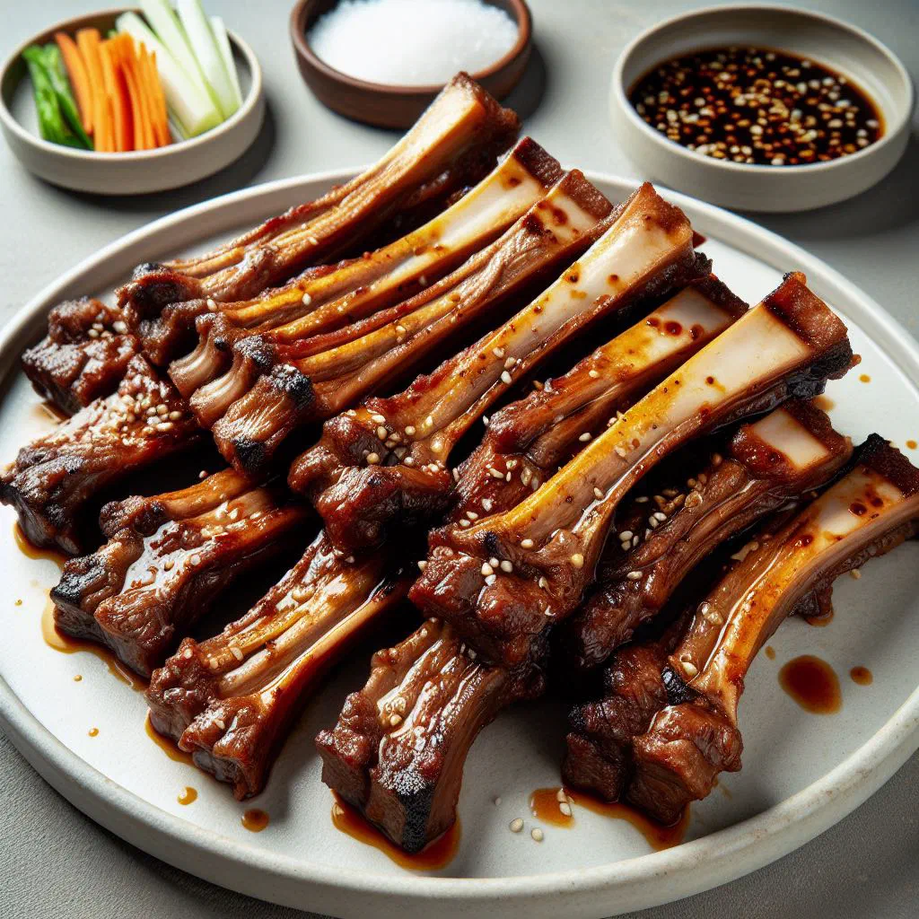 Grilled marinated Korean galbi beef short ribs garnished with sesame and spring onion
