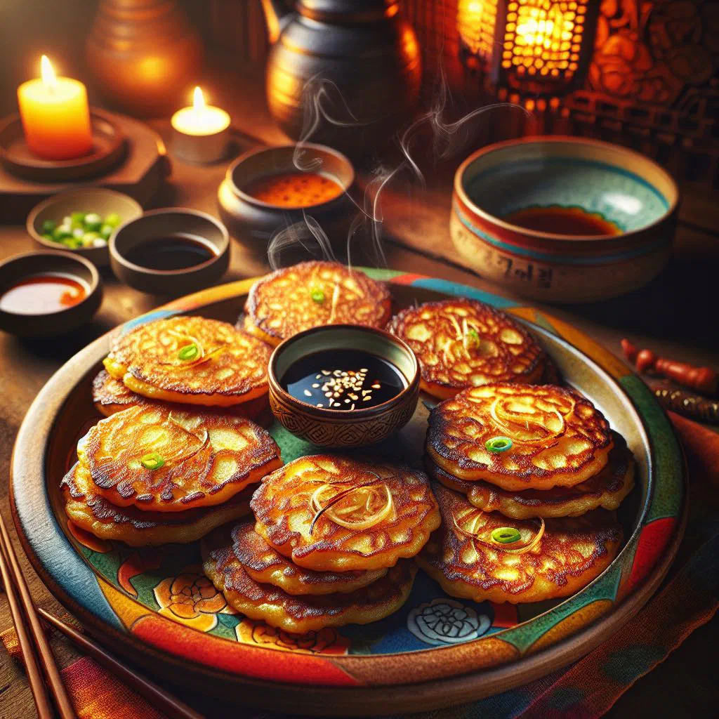 Crispy golden Korean gamja jeon potato pancakes on a plate