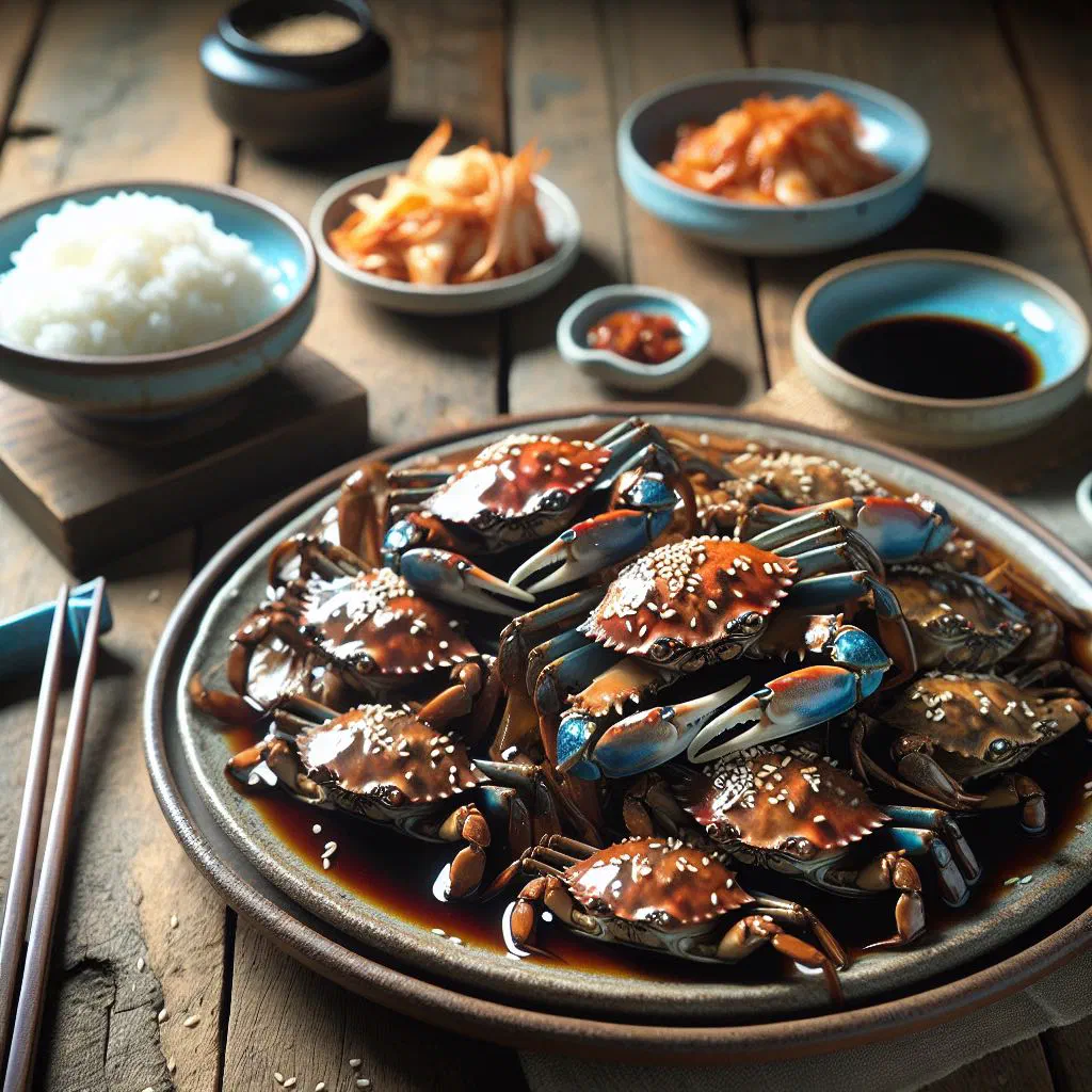 Marinated raw crab in spicy soy sauce garnished with sesame seeds and spring onions