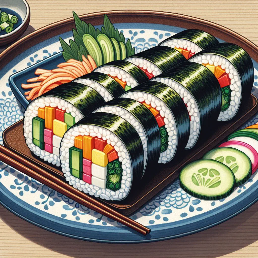 Sliced gimbap rolls filled with rice, vegetables and egg