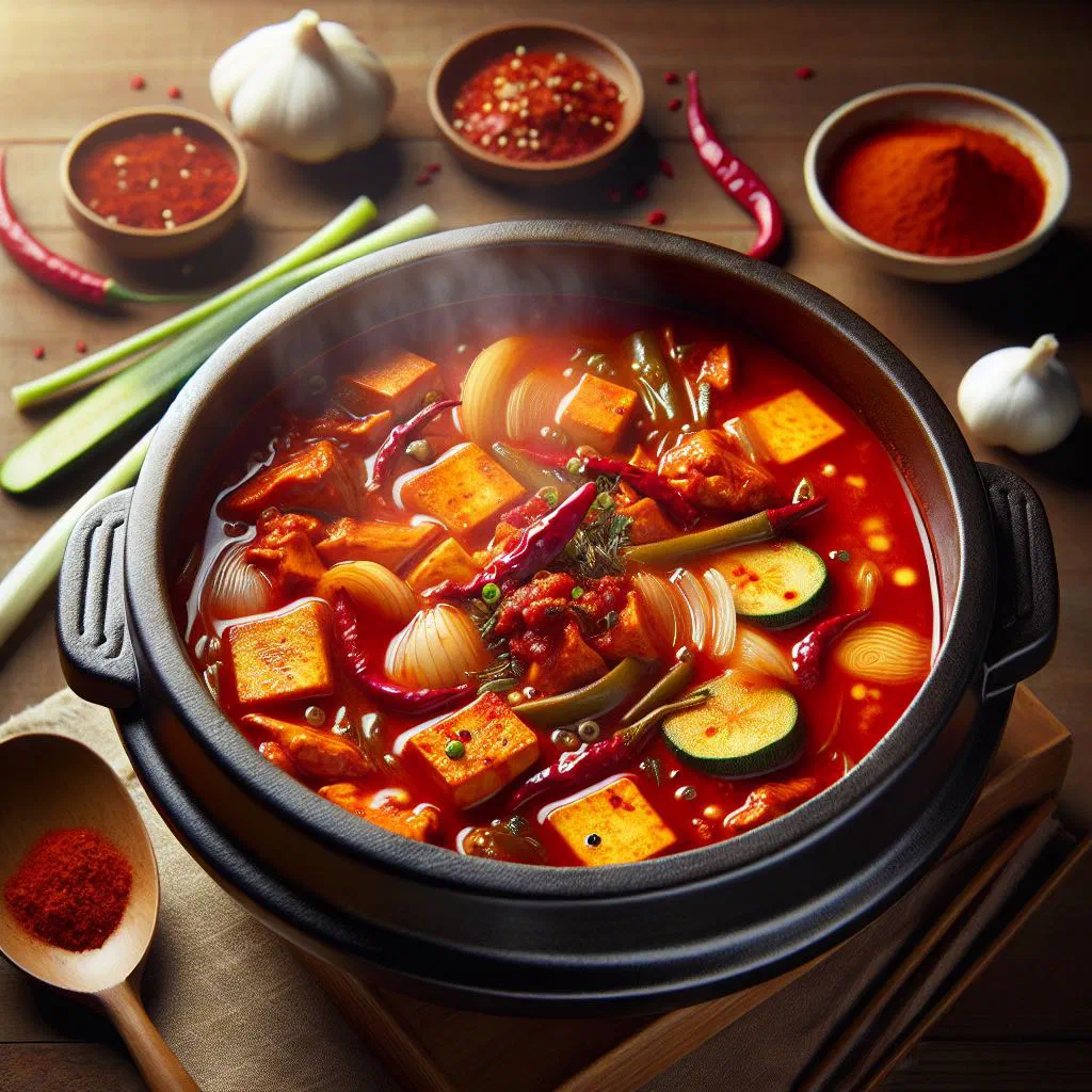 Bubbling pot of spicy gochujang jjigae with tofu and spring onions