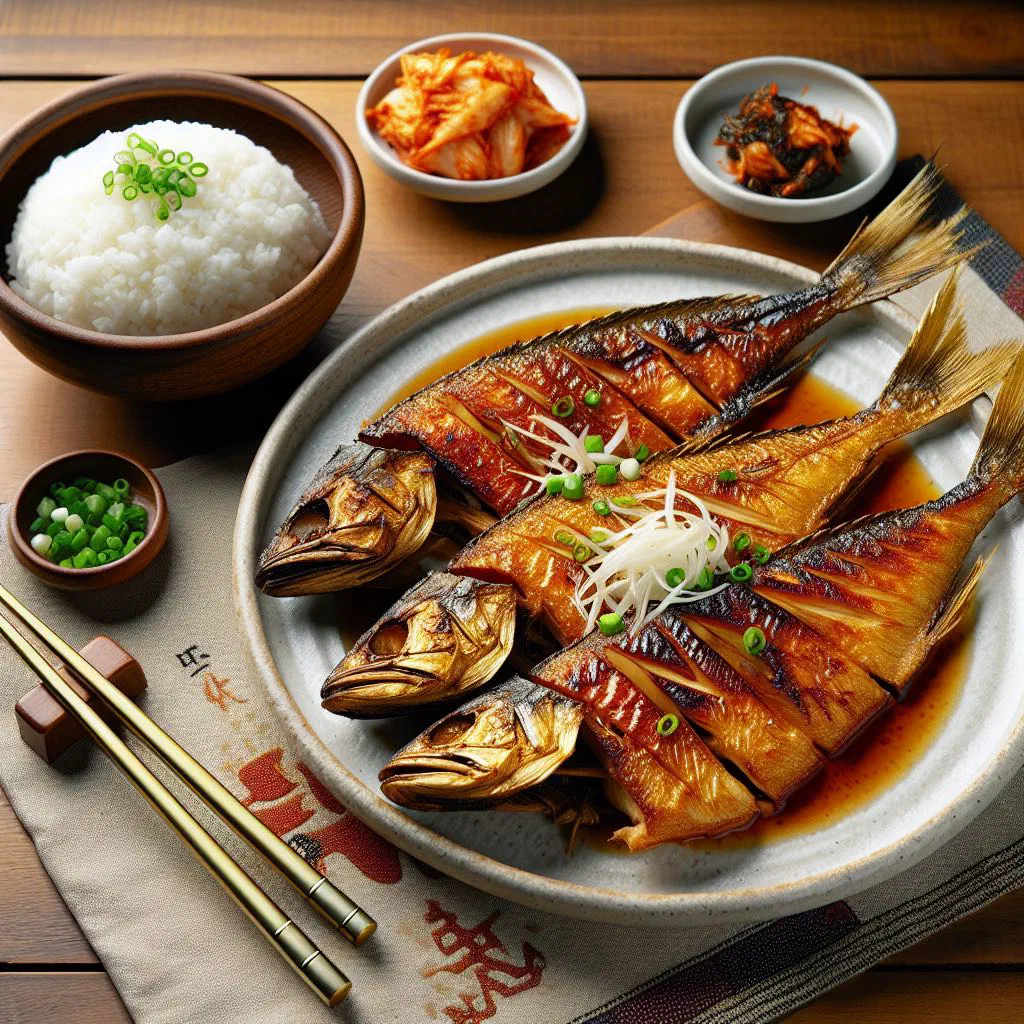 Grilled dried pollock glazed with soy and sesame, served with vegetables