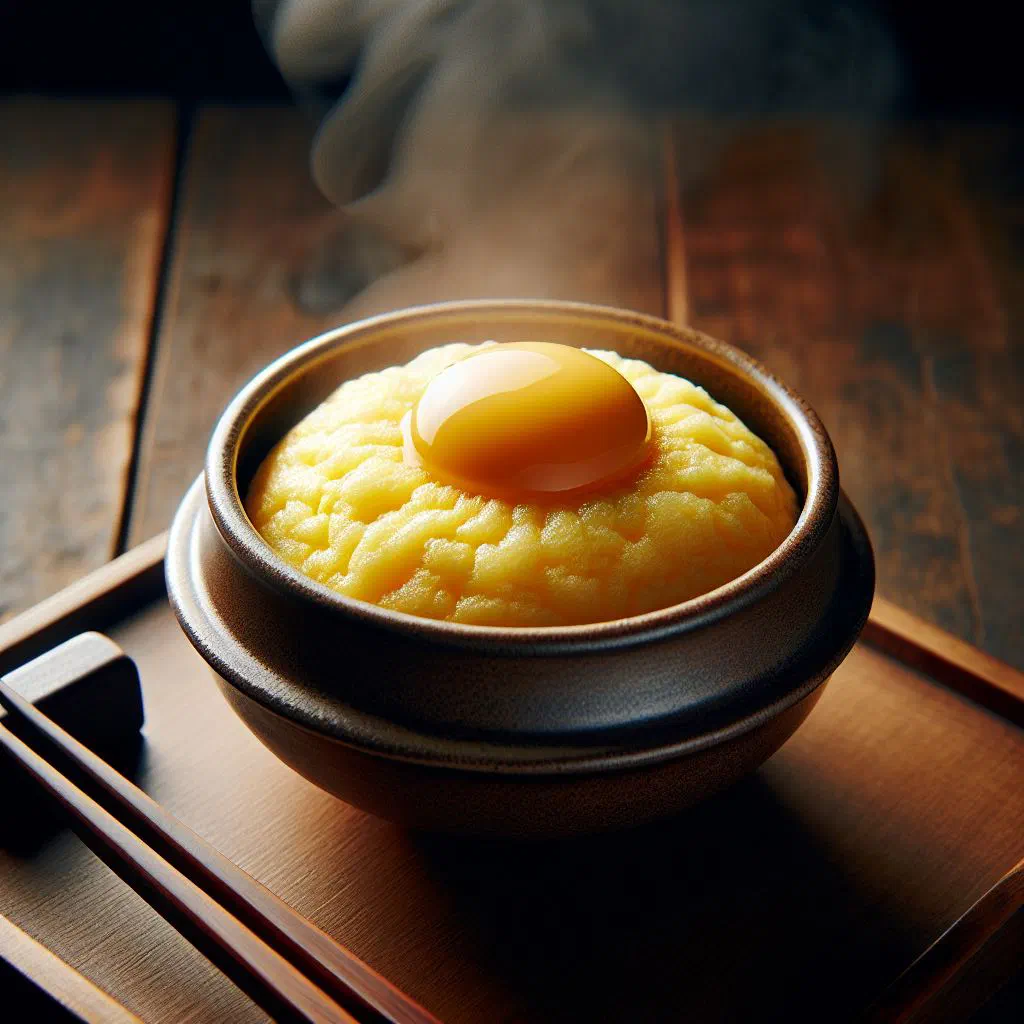 Steamed gyeran-jjim in a small earthenware bowl topped with spring onions
