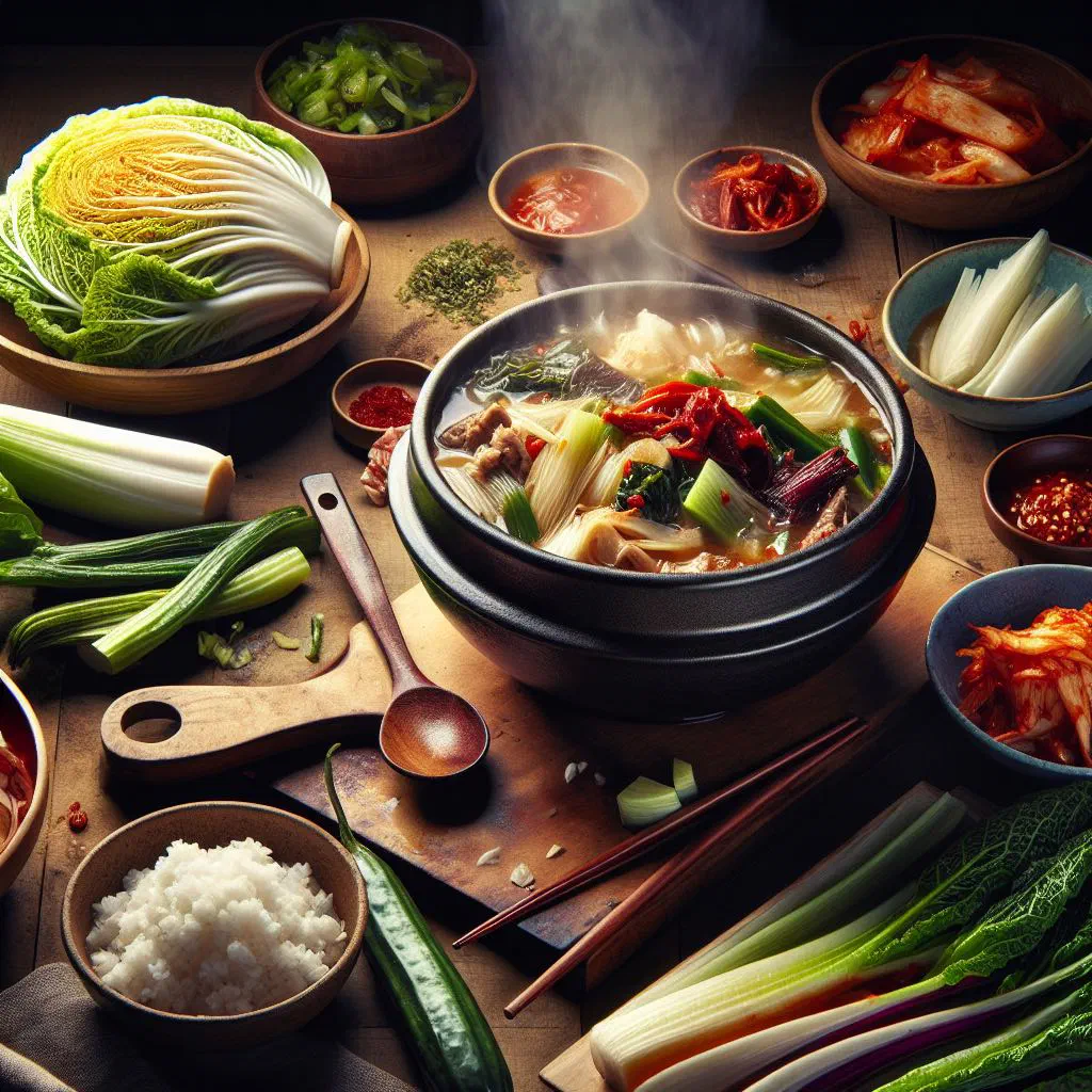 A steaming bowl of haejangguk with tender beef, kimchi and spring onions