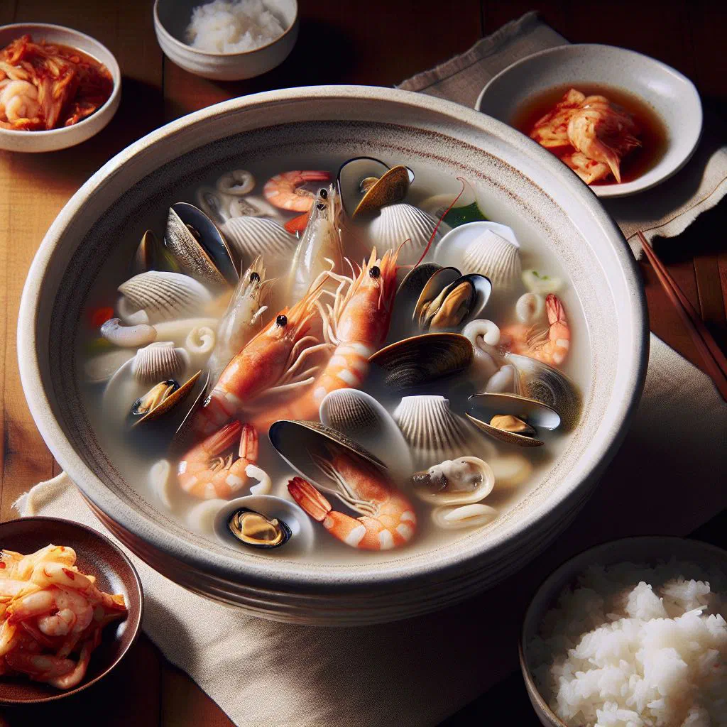 Bubbling Korean seafood stew with fish, mussels and spring onions in a clay pot
