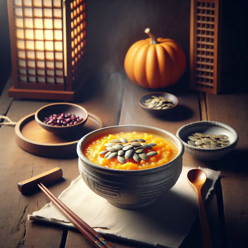 A bowl of creamy golden Korean pumpkin porridge garnished with seeds