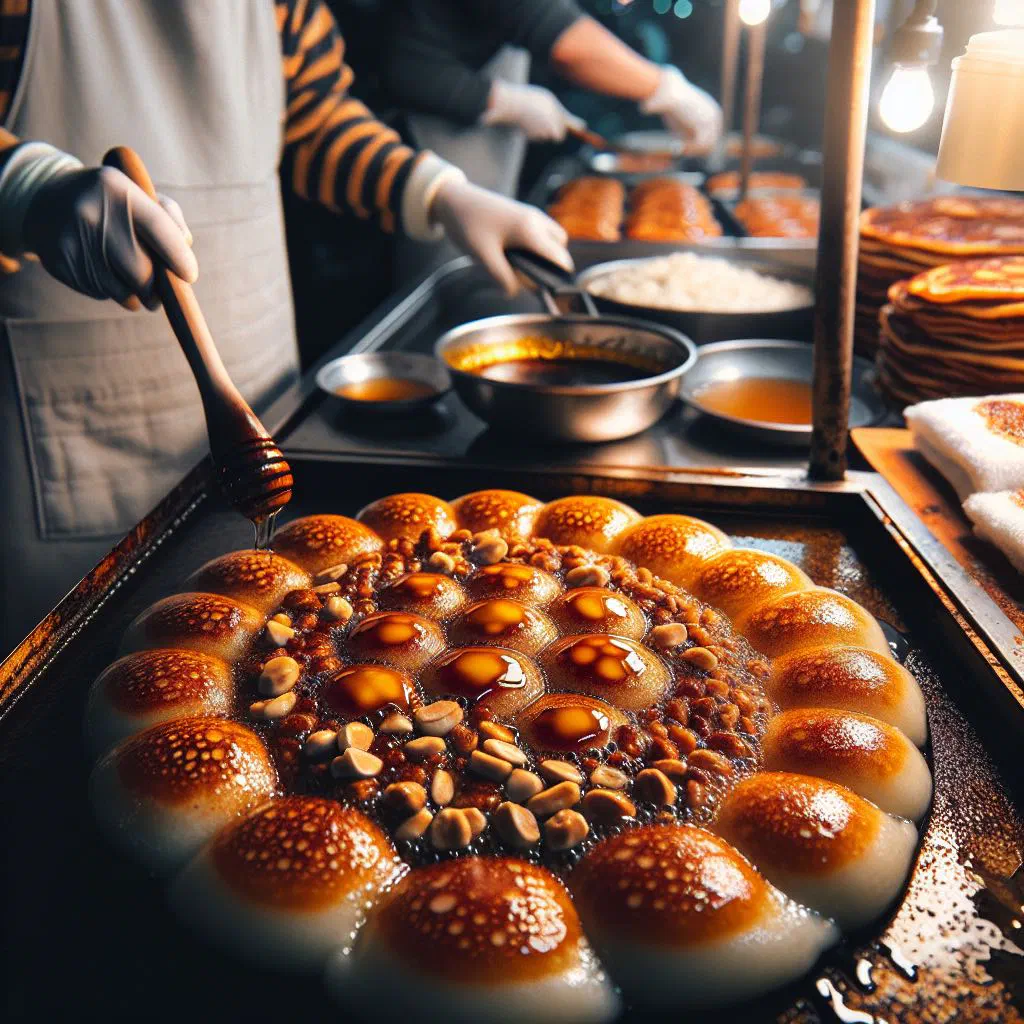 Golden fried hotteok pancakes filled with brown sugar and nuts