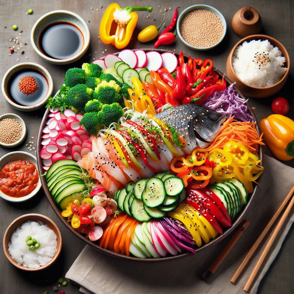 Korean hwe dup bap bowl with raw fish, fresh vegetables and warm rice