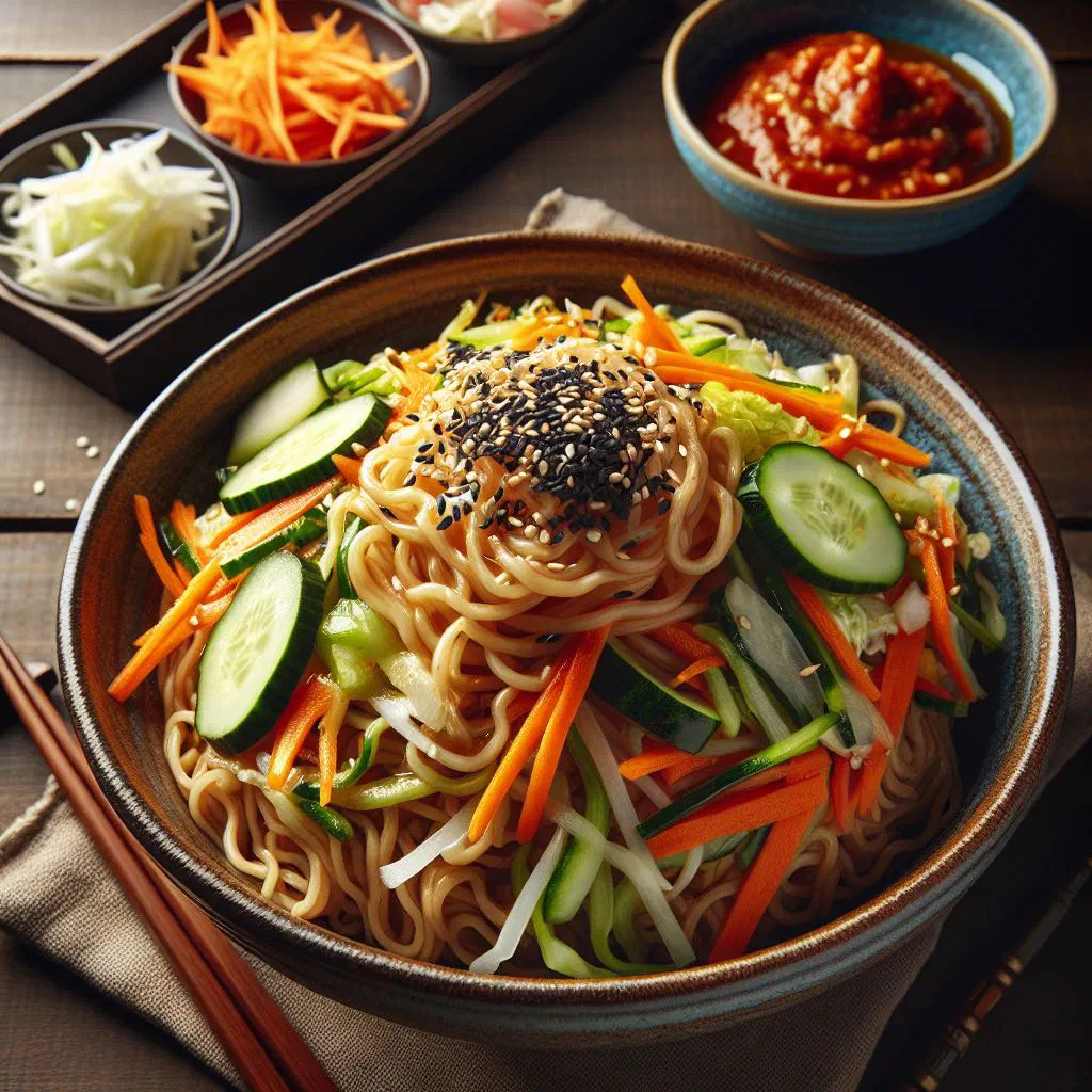 Bowl of chewy jjolmyeon noodles in spicy red sauce with fresh vegetables and egg