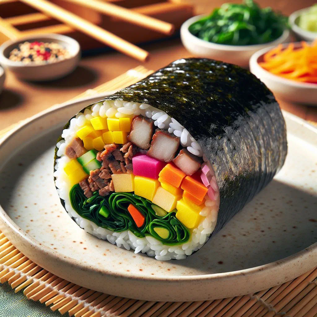 Sliced kimbap rolls filled with rice, vegetables and egg