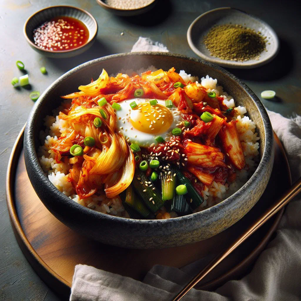 Kimchi fried rice topped with toasted sesame seeds and spring onions