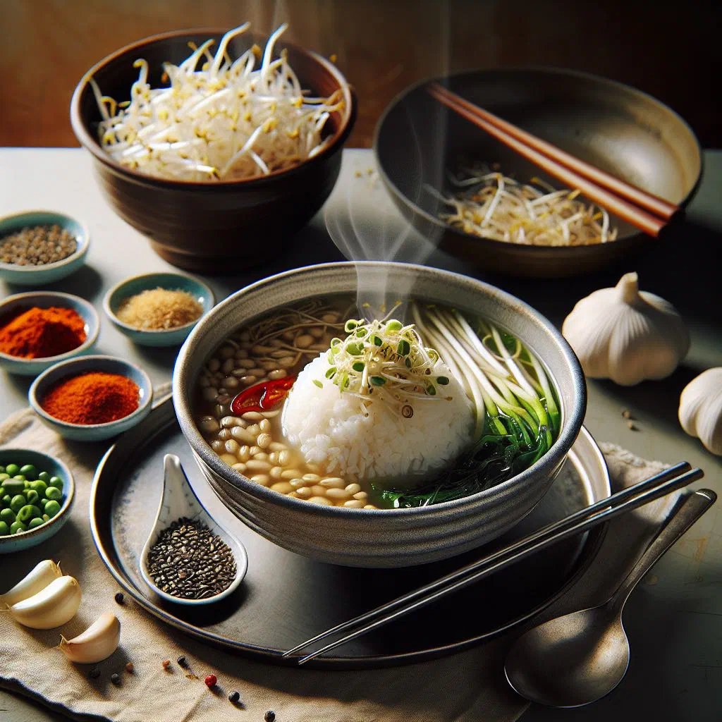Steaming bowl of Korean soybean sprout rice soup garnished with spring onions