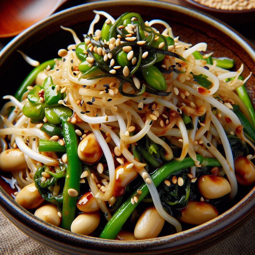 Seasoned Korean soybean sprouts garnished with spring onion and sesame seeds