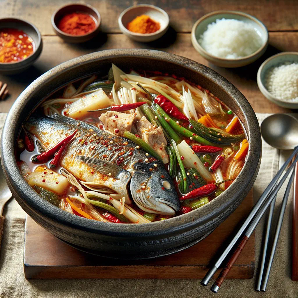 Bubbling pot of spicy Korean maeuntang fish stew garnished with fresh coriander