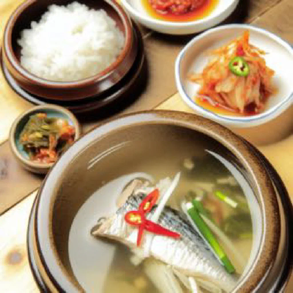 A steaming bowl of Korean muguk fish soup garnished with spring onions