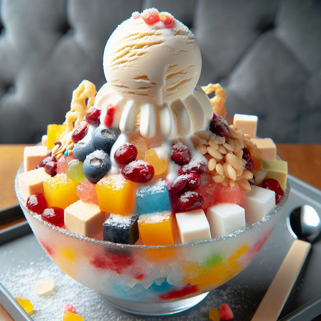 Bowl of patbingsu shaved ice topped with red beans, fresh fruit and condensed milk