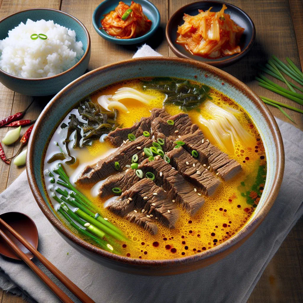A bowl of Soegogi Muguk beef and radish soup garnished with spring onions