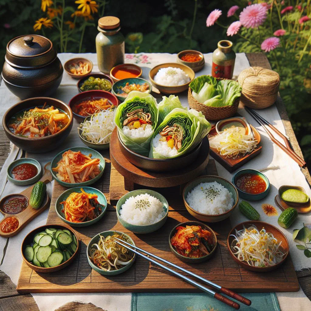 Ssambap with sticky rice and grilled meat wrapped in fresh lettuce leaves