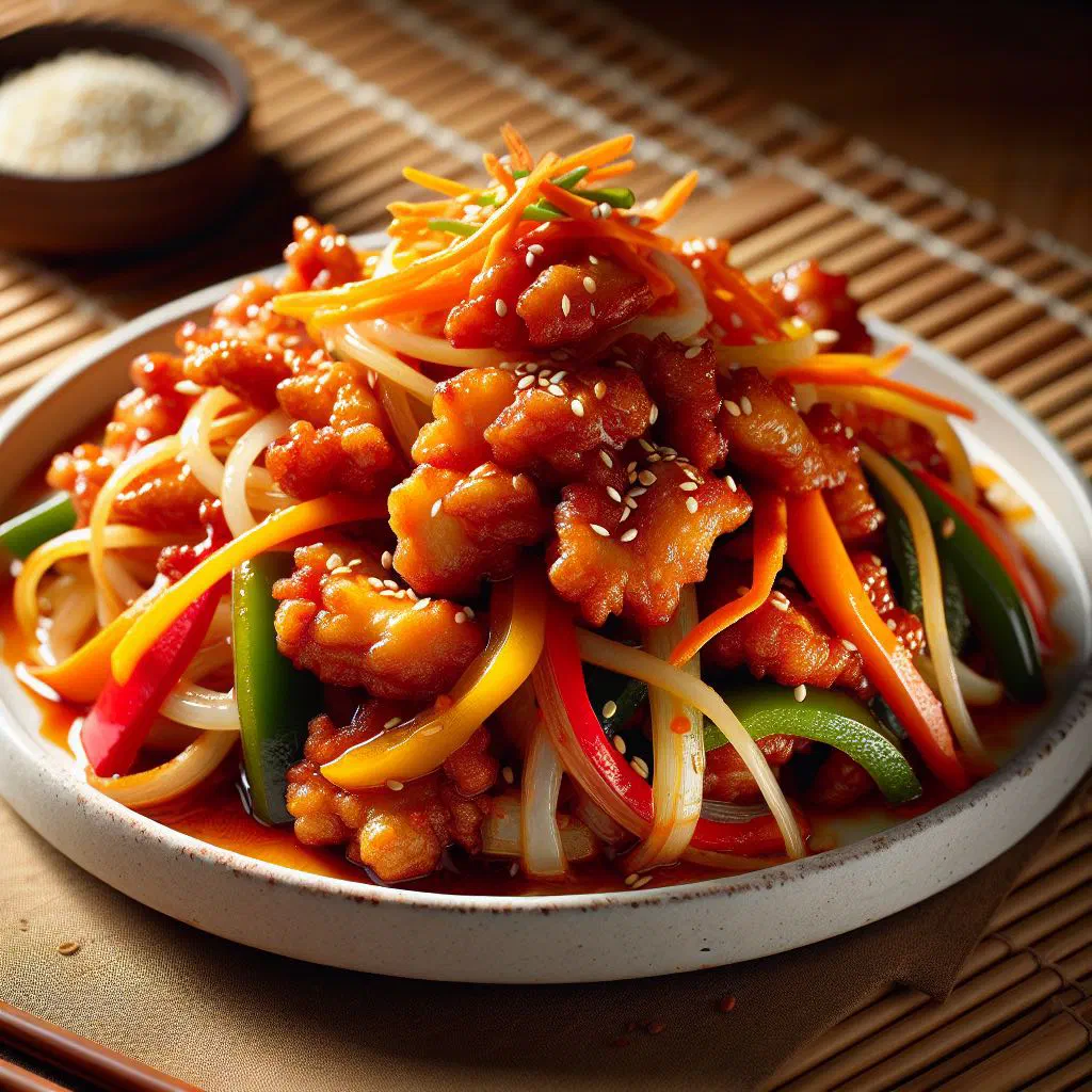 Crispy fried tangsuyuk pieces coated in glossy sweet and sour sauce with colourful vegetables
