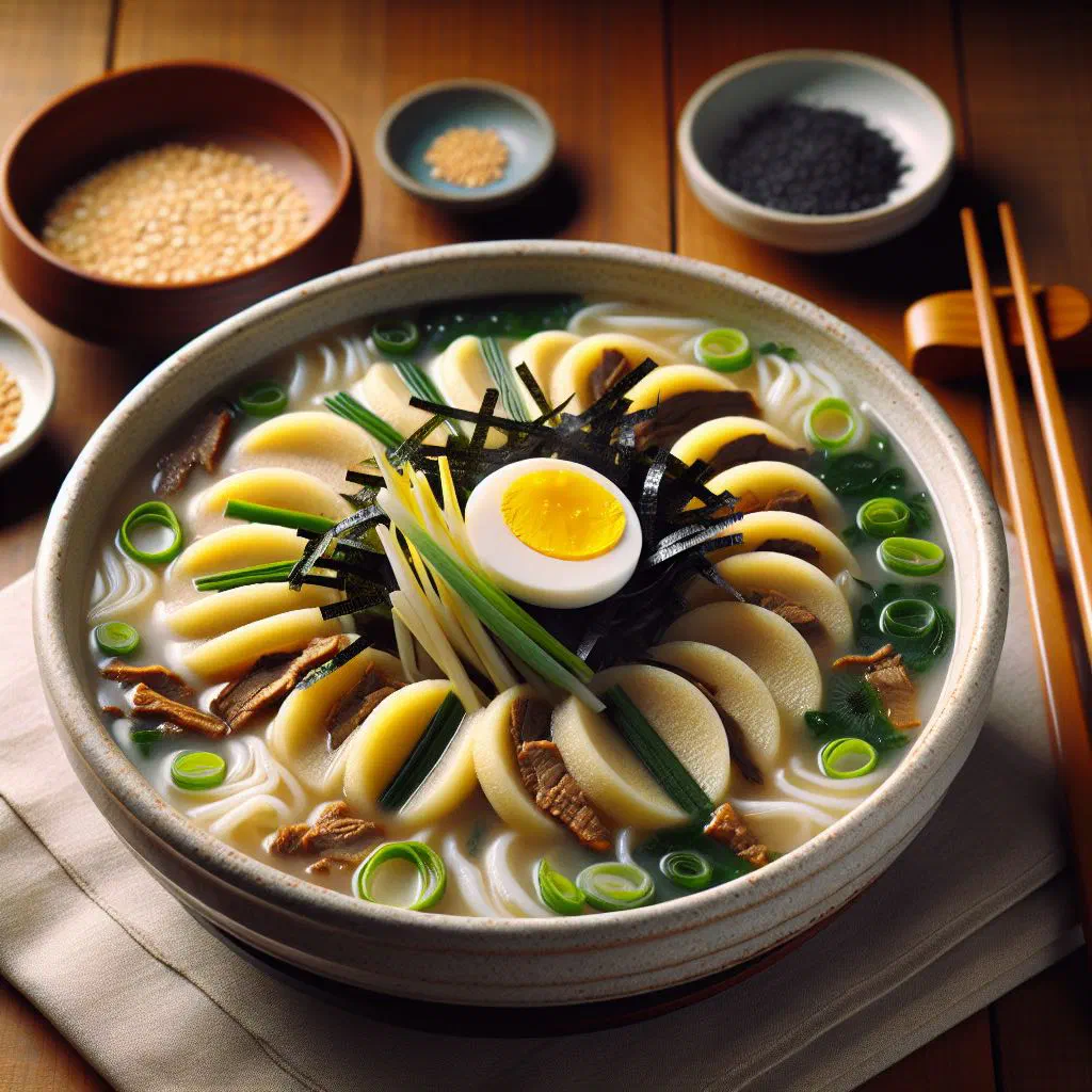 Bowl of tteokguk with sliced rice cakes, egg garnish and spring onions