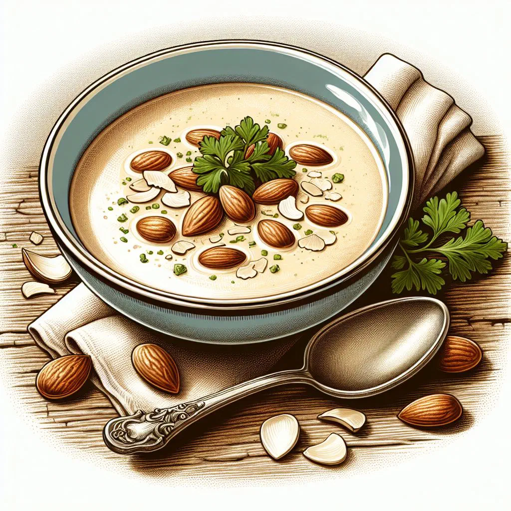 A bowl of chilled ajo blanco almond and garlic soup garnished with grapes