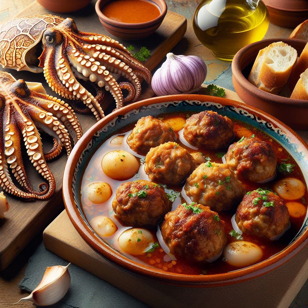 Spanish meatballs with cuttlefish simmered in a rich tomato sauce
