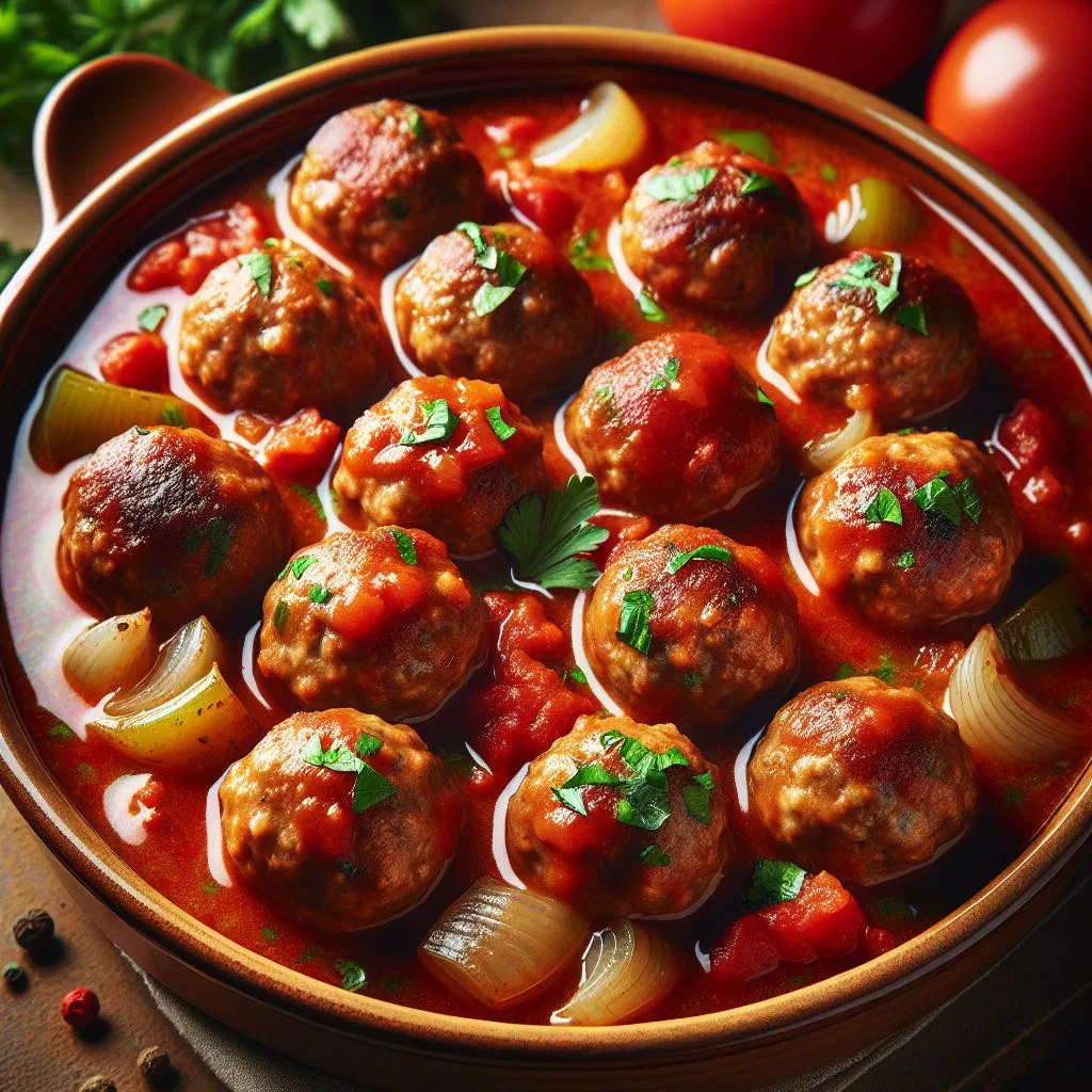 Spanish meatballs in a rich tomato sauce garnished with parsley