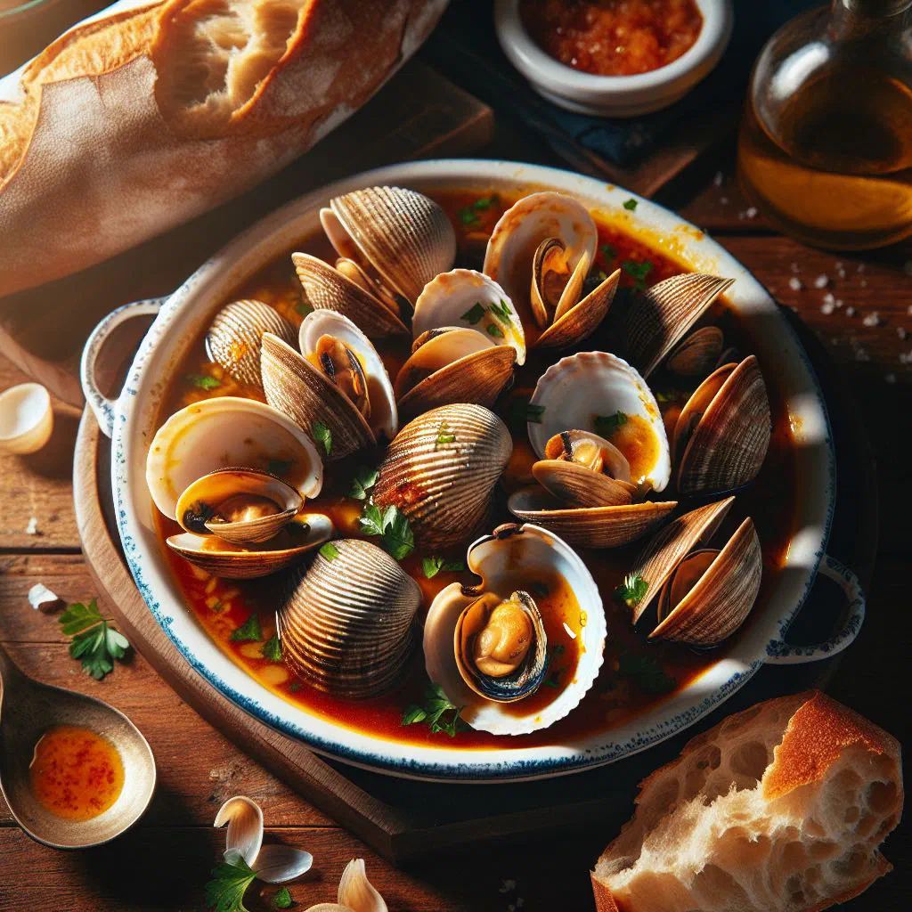 Clams in a tomato and white wine sauce garnished with fresh parsley