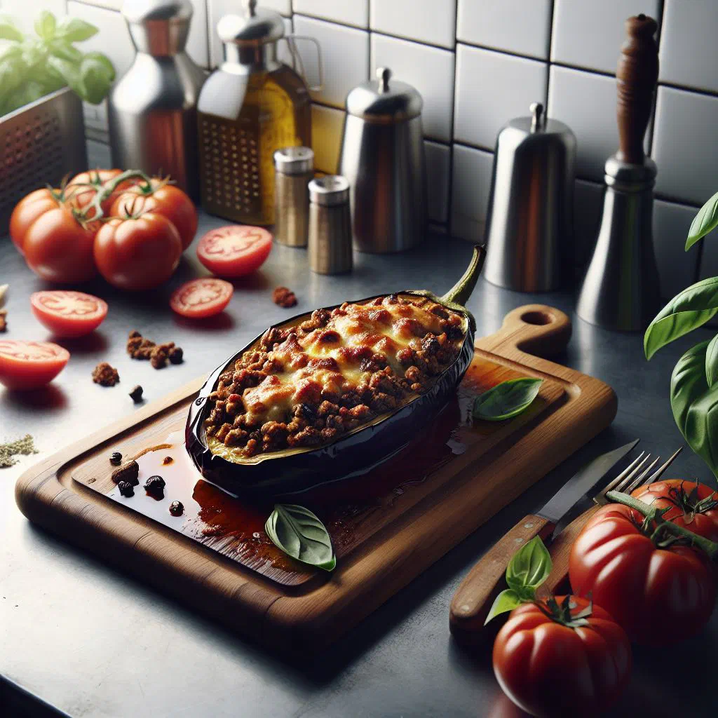 Stuffed aubergine halves with a beef and tomato filling, garnished with parsley