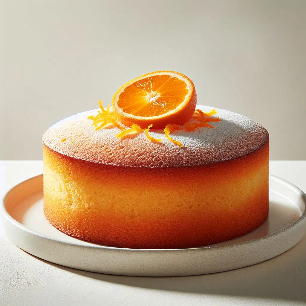 Golden Spanish orange cake dusted with icing sugar and fresh orange slices