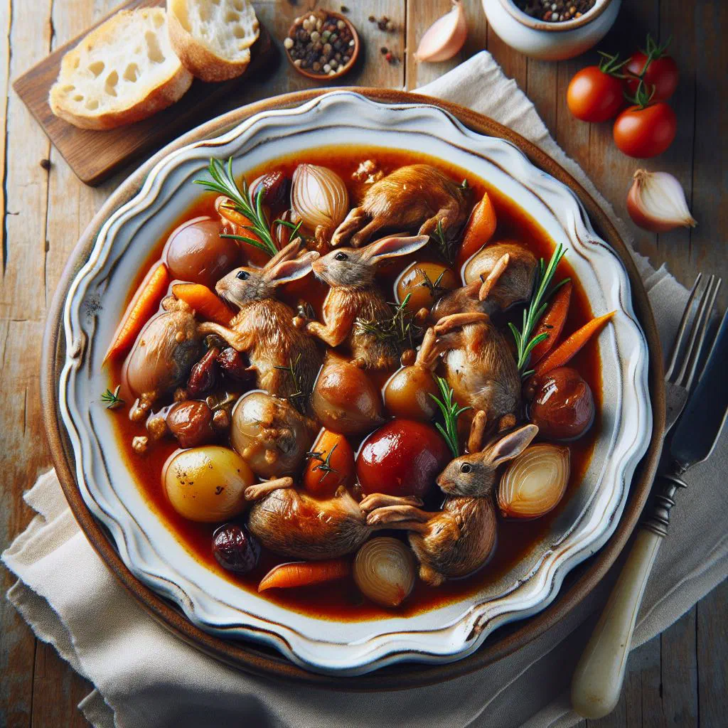Spanish braised rabbit with herbs served in a rustic pot