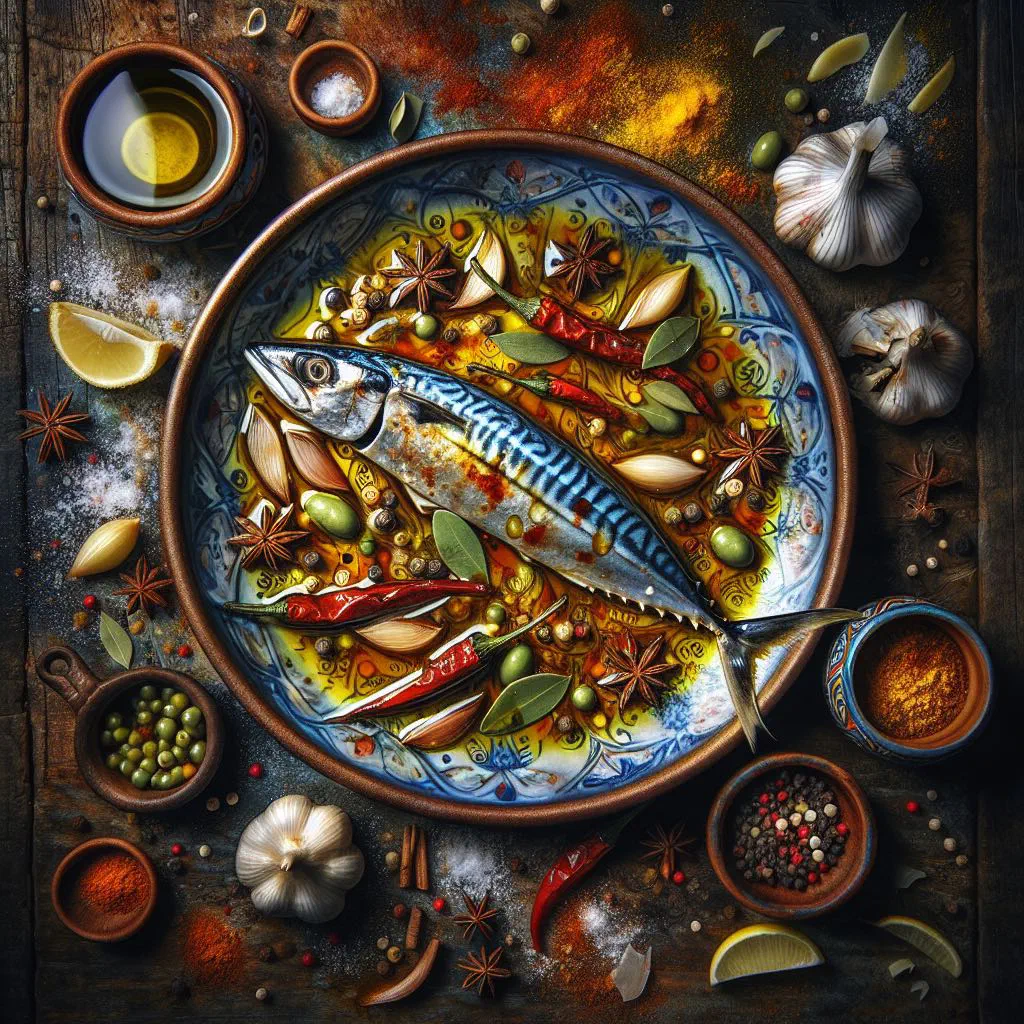 Marinated mackerel fillets in escabeche with garlic, bay leaf and peppercorns