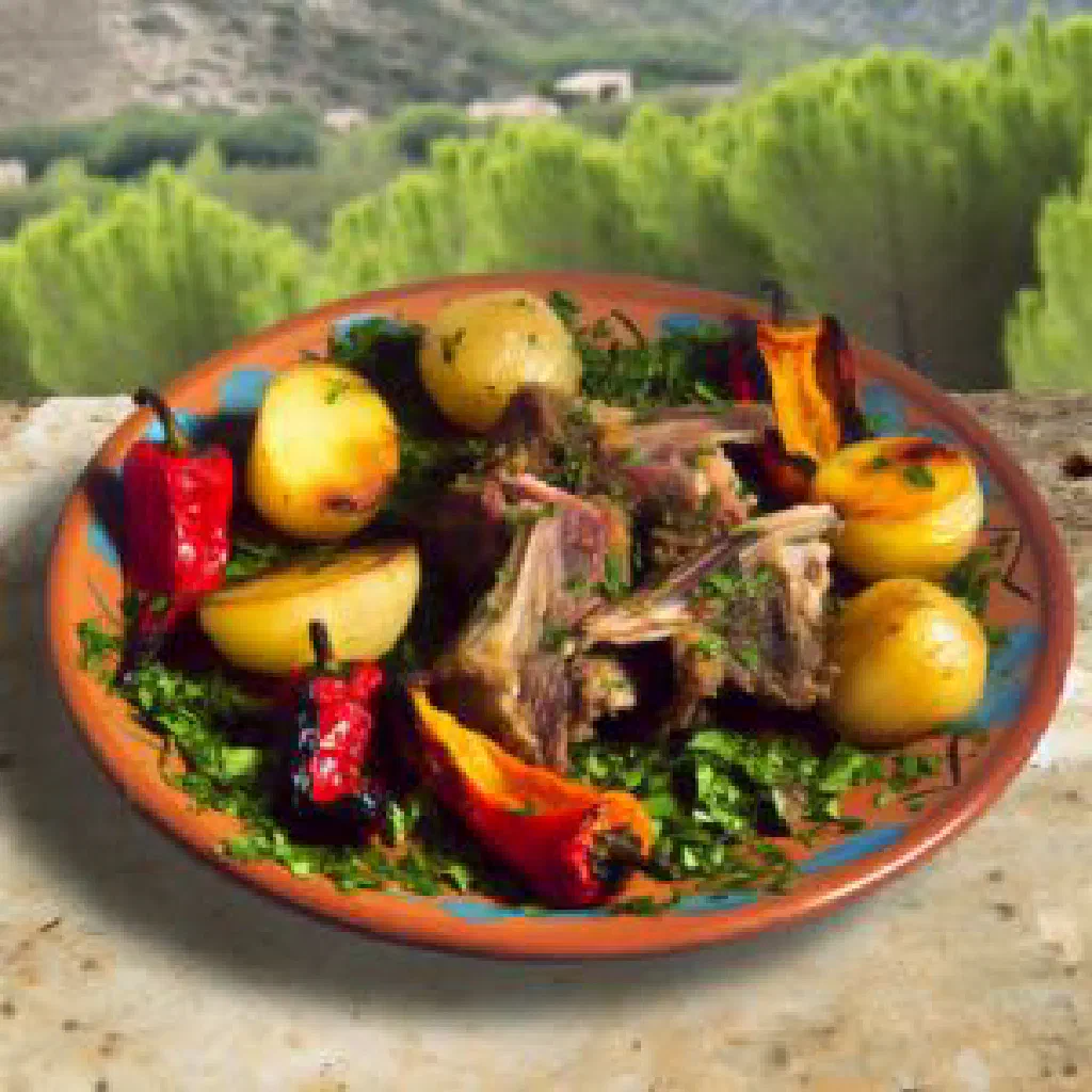 Roast kid with potatoes and herbs in a baking dish