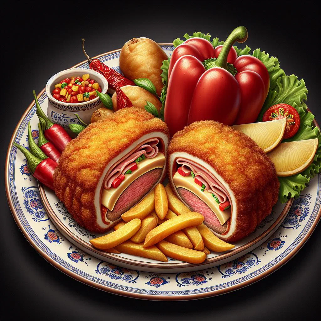 Golden breaded cachopo cut open to reveal melting cheese and ham