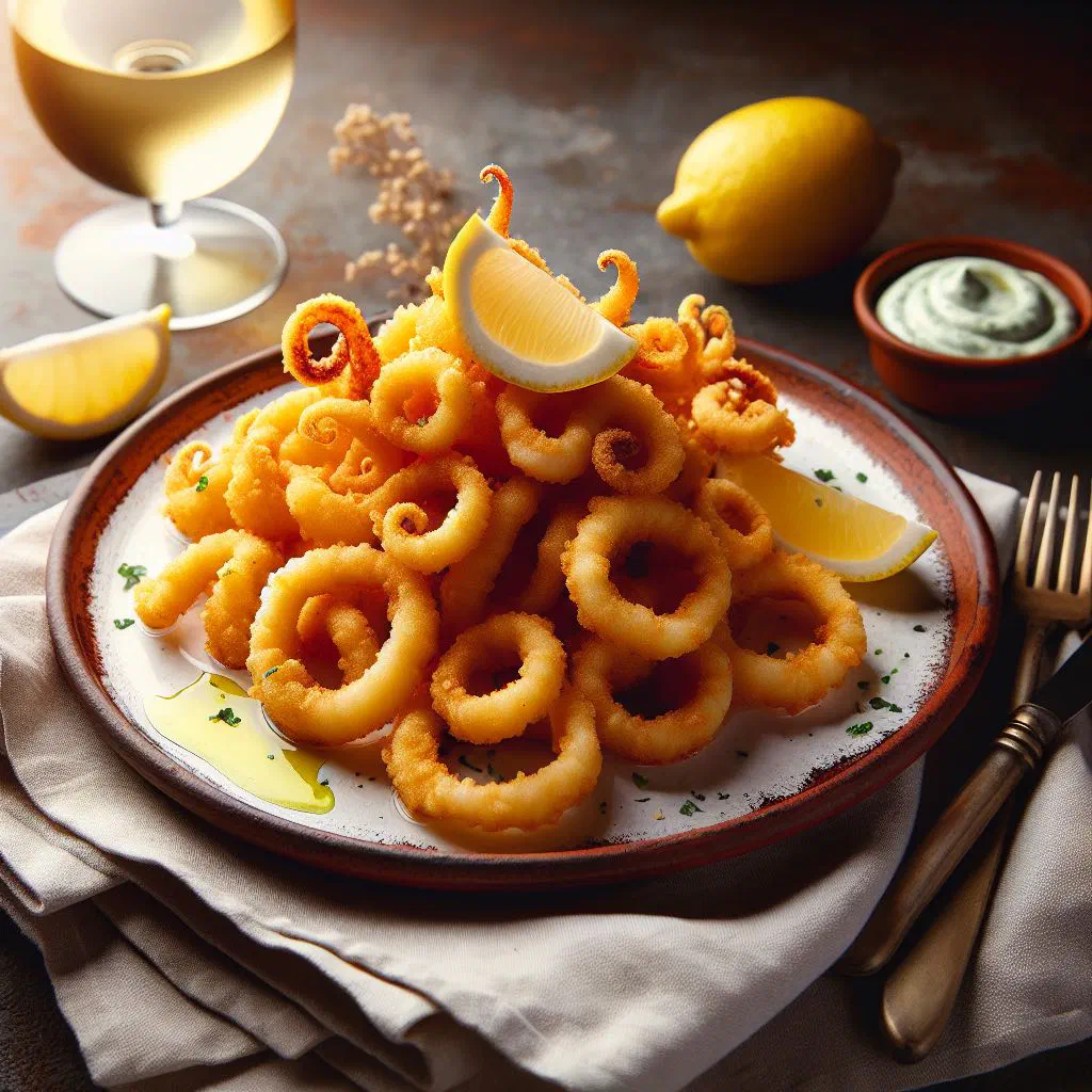 Golden fried squid rings served with lemon wedges and aioli